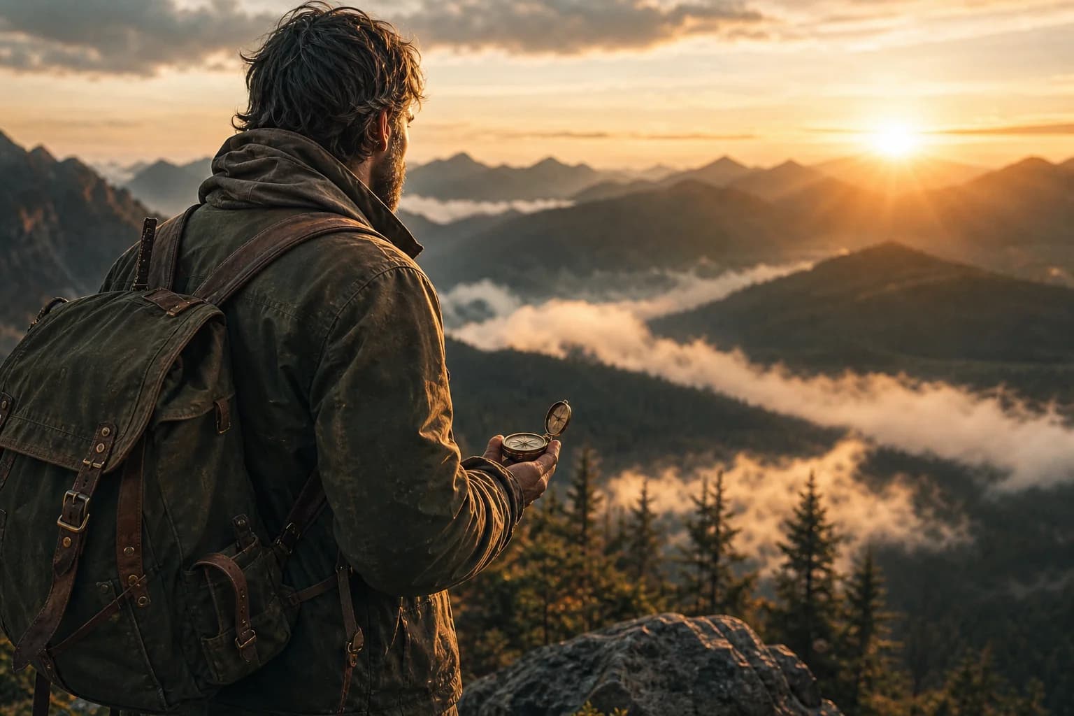 An adventurer overlooking a misty mountain range at sunrise